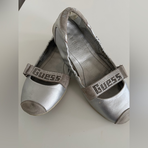 Guess Shoes - Guess Silver Leather Mary Jane Flats Rhinestone Strap Comfort Shoes Size 8M